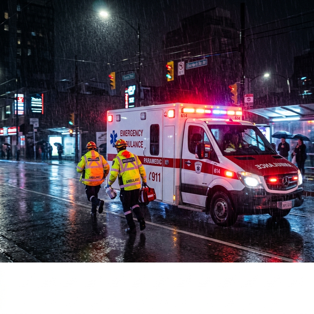 Ambulance with glowing lights responding at night