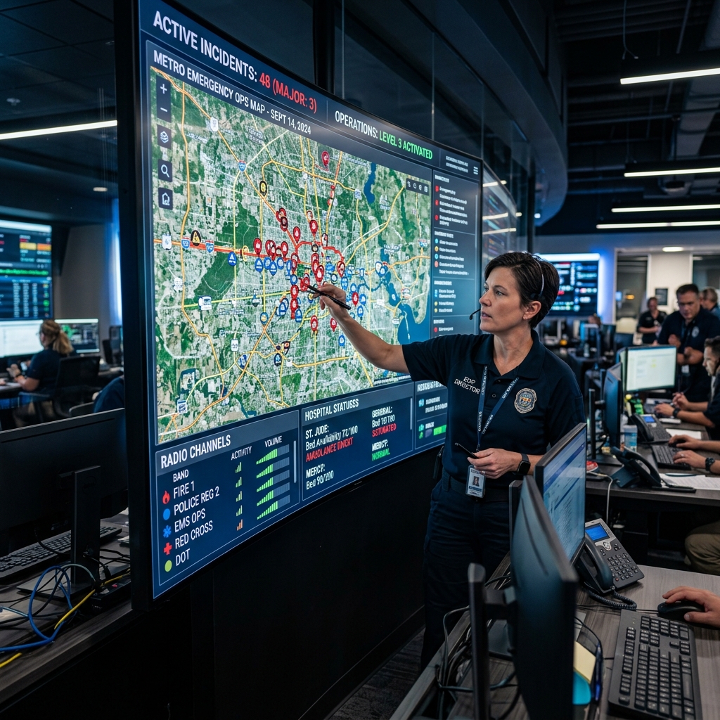 EOC director analyzing digital GIS crisis map screen