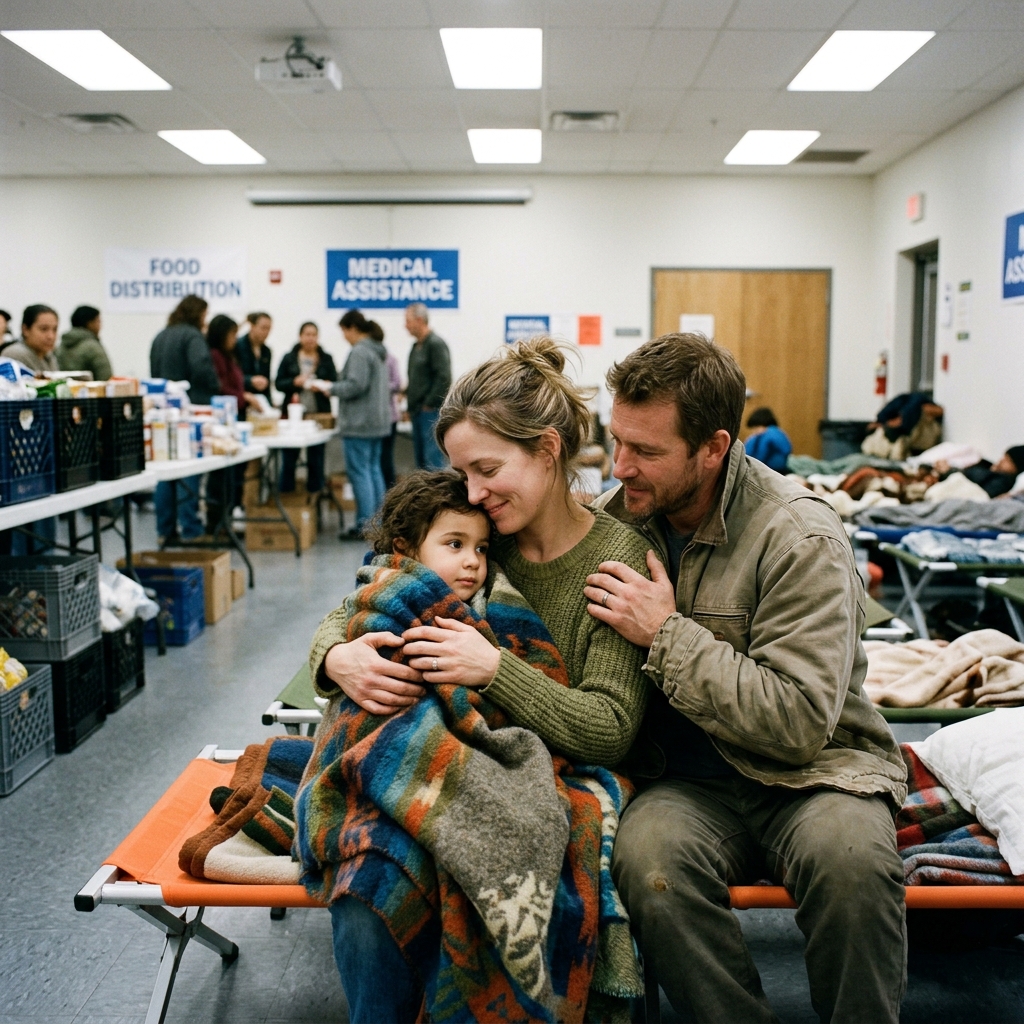 Family wrapped in blanket in disaster relief shelter