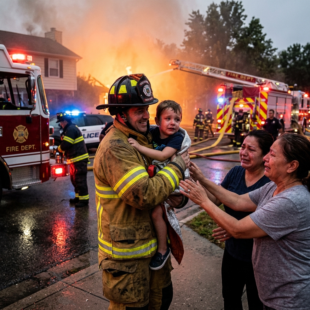 Firefighter reuniting child with family during emergency response