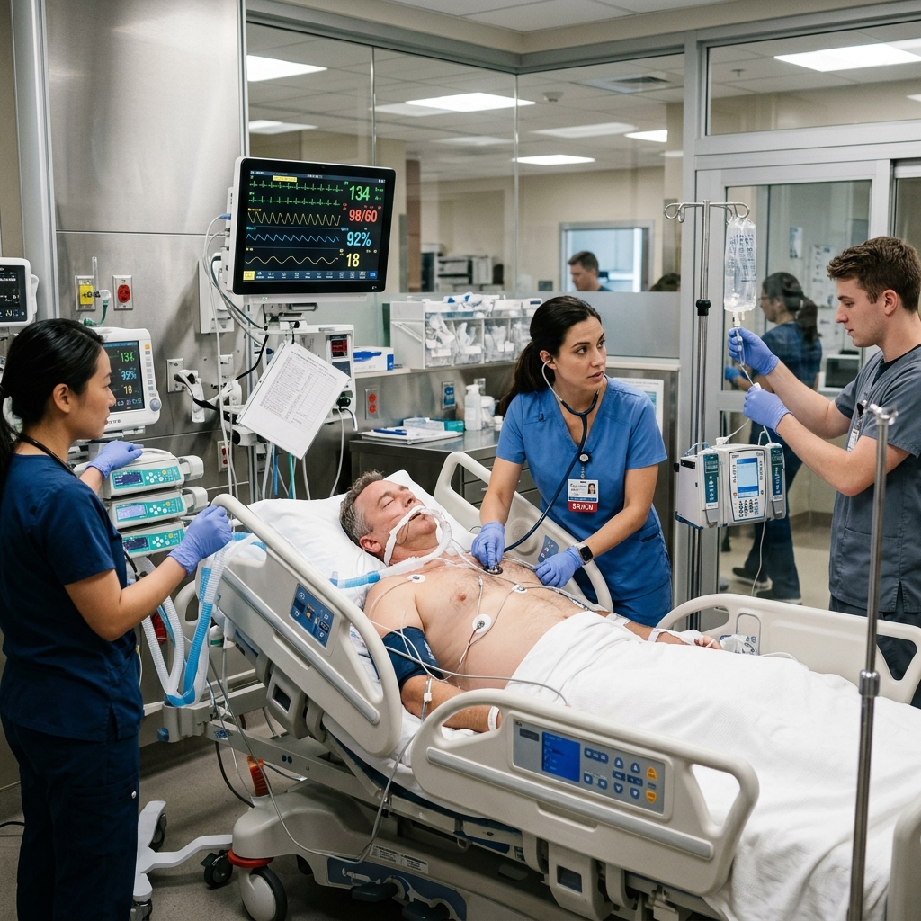 Doctor and nurses attending patient in hospital ICU bed