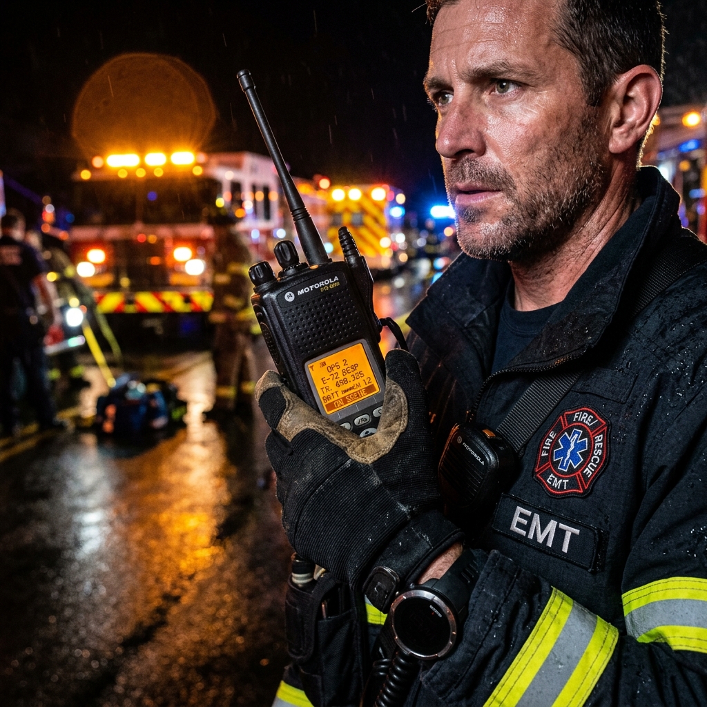 First responder holding tactical walkie talkie radio