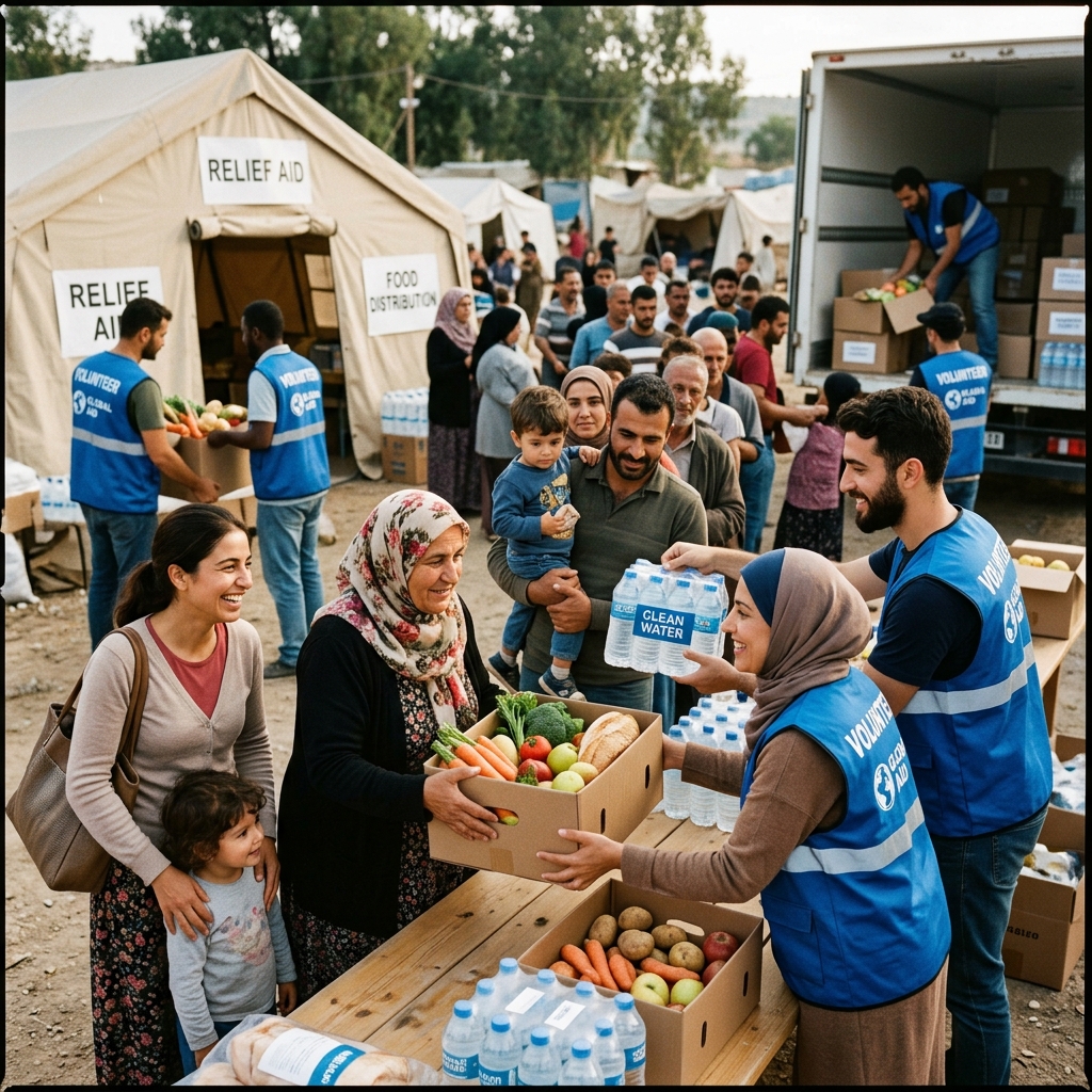 Humanitarian volunteers distributing food and water aid boxes