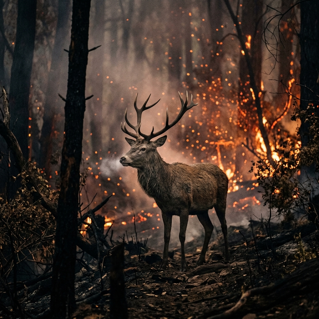 Wild deer escaping forest wildfire smoke haze